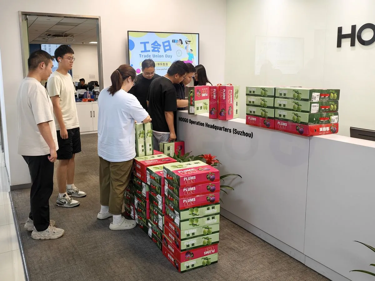 HOOGO team members gathering around the Suzhou reception desk to receive summer care packages.